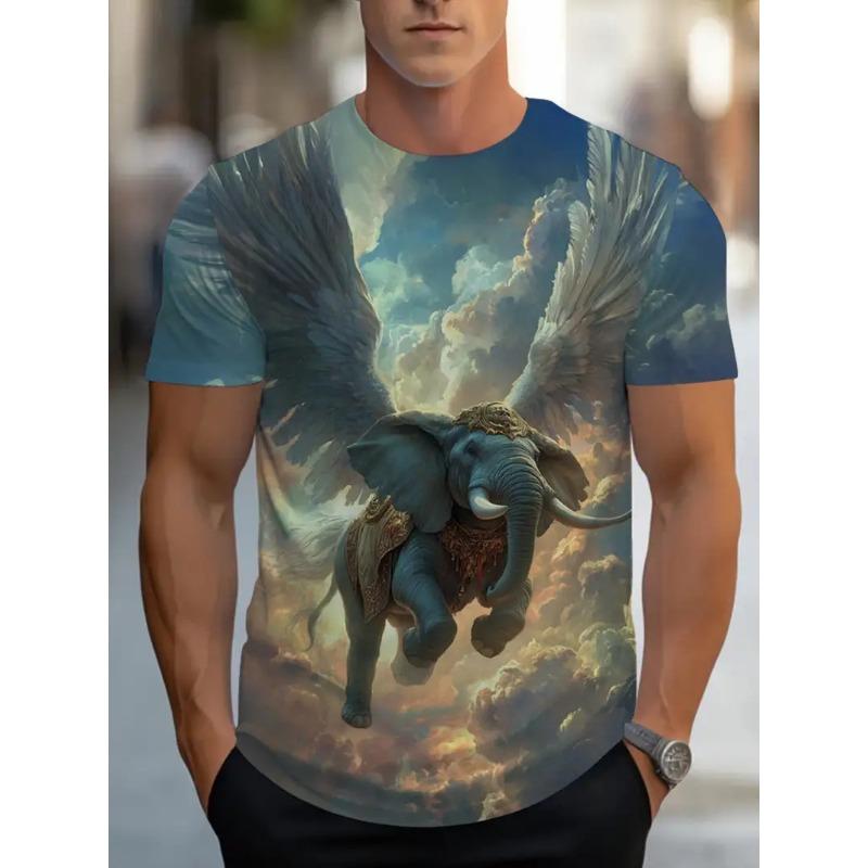 Men's 3D Elephant Print T-shirt Short Sleeved T-shirt Breathable Polyester Round Neck Casual Streetwear Top