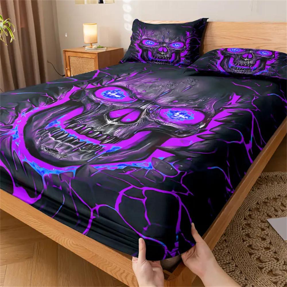 3pcs Purple Light Skull Pattern Fitted Sheet Set-Soft And Comfortable Bedding Cover Set For Bedroom, Guest Room And Dorm Decor