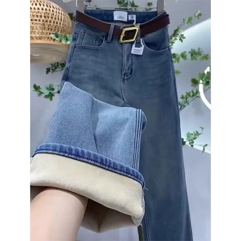 Light Blue Velvet Thickened Jeans for Women, Winter New Pear-shaped Body Covering the Flesh and Showing Thinness Straight Trousers
