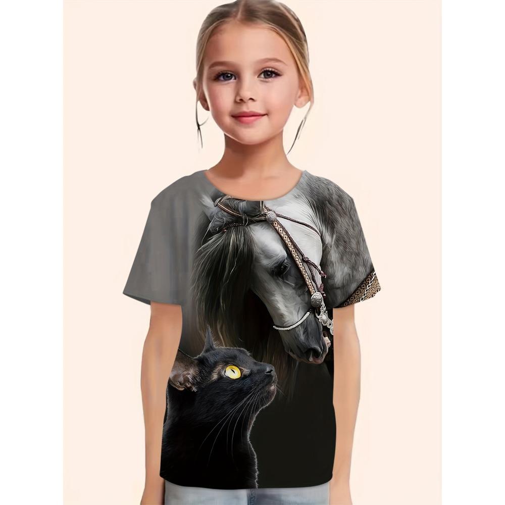 Children's Clothing Girl Clothes Short Sleeve Girl T-Shirt Casual Vintage Horse Print Kids Summer Clothes Girl Top O-Neck Tee S