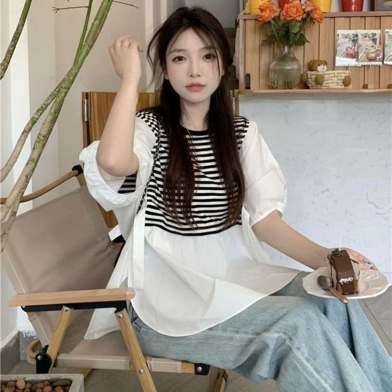 Ladies  Black White Striped Shirt Female Puff Sleeves Round Neck Short Sleeves Blouse Summer Korean Versatile Loose Top S