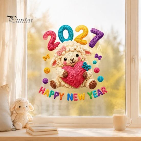 No Glue Window Decorations Chinese New Year Stickers, 2027 Goat Static Clings, Cute Knitted Texture Film Crochet Knit Sheep Decals, Reusable Decor for