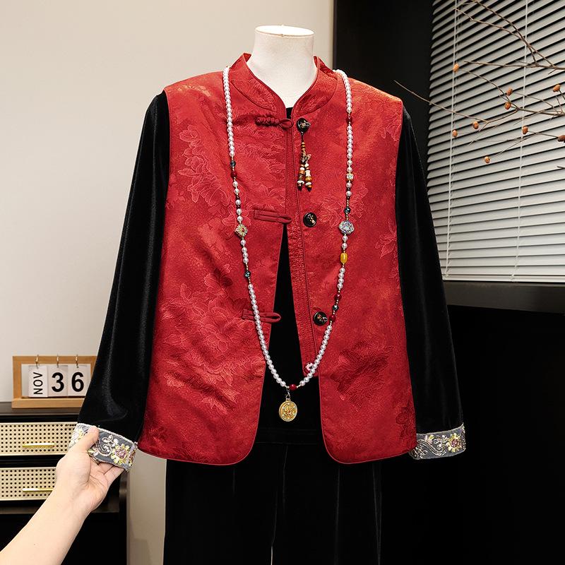 

2026 Spring Guochao New Chinese Style Mom Set: High-Grade Stand-Up Collar Vest with Frog Buttons, Three-Piece Outfit for Middle-Aged Women 4XL (140-150 lbs)