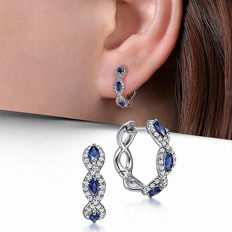Marquise Blue Sapphire Huggie Earrings, Cubic Zirconia Paving Sapphire Women s Earrings, Luxury Jewelry Gifts
