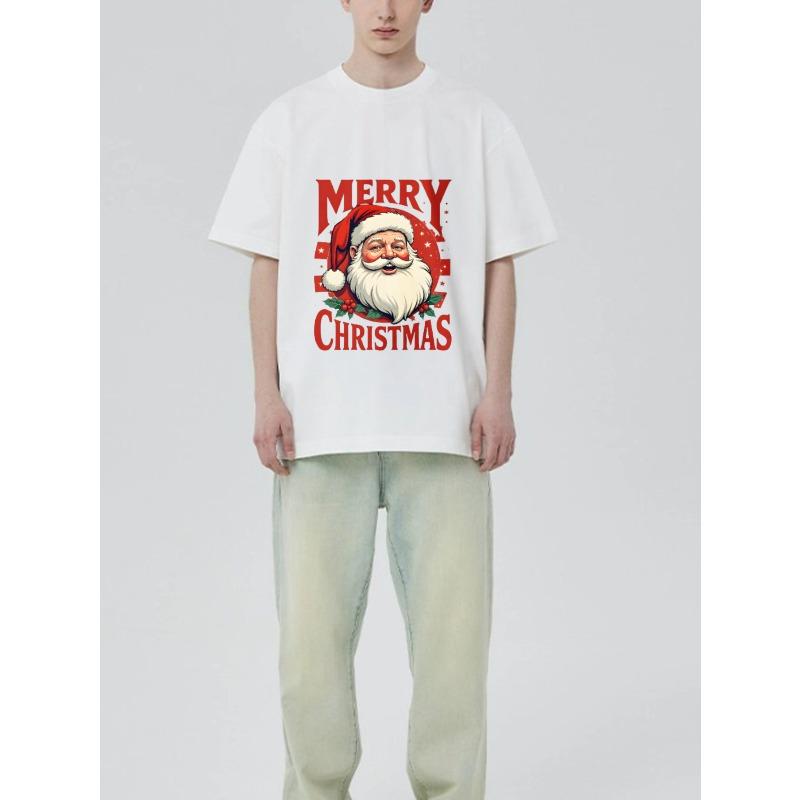 Merry Christmas Santa Claus Print T Shirt Black Holiday Party Casual Wear Men's Summer Top