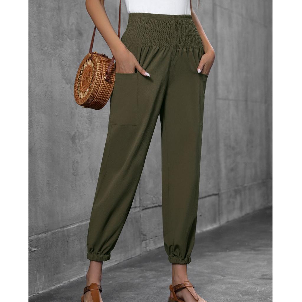 Women's Casual Loose Solid Color Pocket High Waisted Pants, Casual Pants, Leg Binding Pants