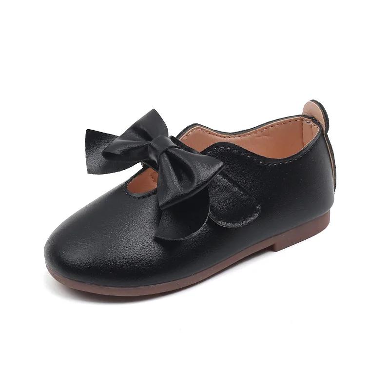 

Детские кожаные туфли с бантом, круглым носком, однотонные мягкие детские повседневные туфли, милые мокасины принцессы для девочек на плоской подошве 21 чёрный