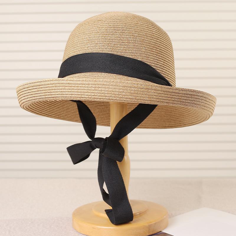 New Trendy Summer Women'S Straw Hat Rolled Edge Bow Breathable Sunscreen Large Eaves Sun Hat Shading Sun Beach Seaside Cap