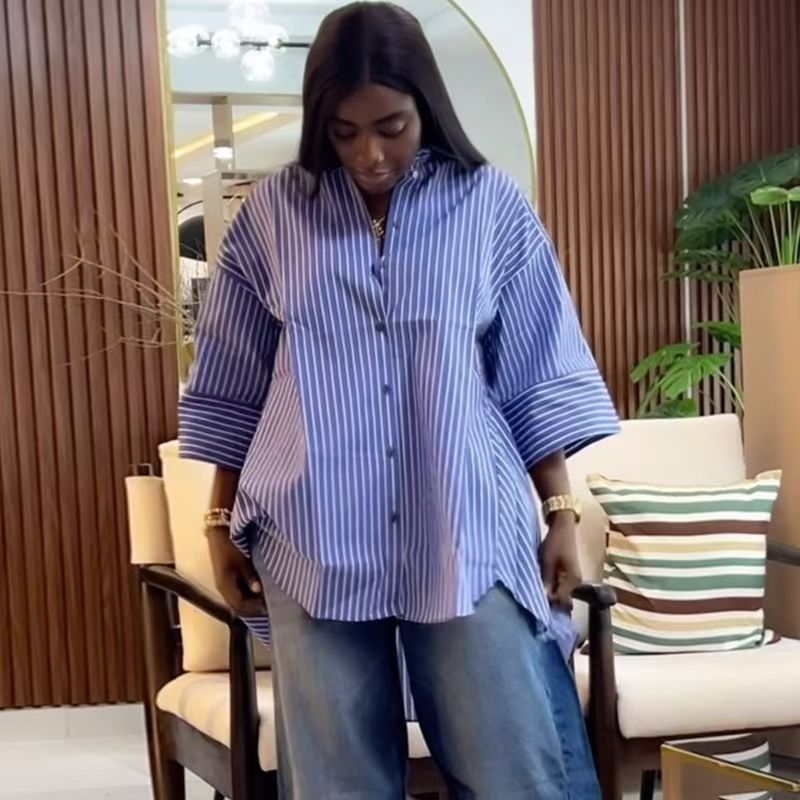 

Европейская и американская новая мода повседневные рубашки с длинным рукавом в синюю полоску свободный топ свободная полосатая рубашка Blue XL