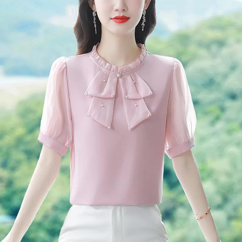 

Women White Ruffle Neck Blouse Bow Detail Half Sleeve Casual Chiffon Shirt S розовый
