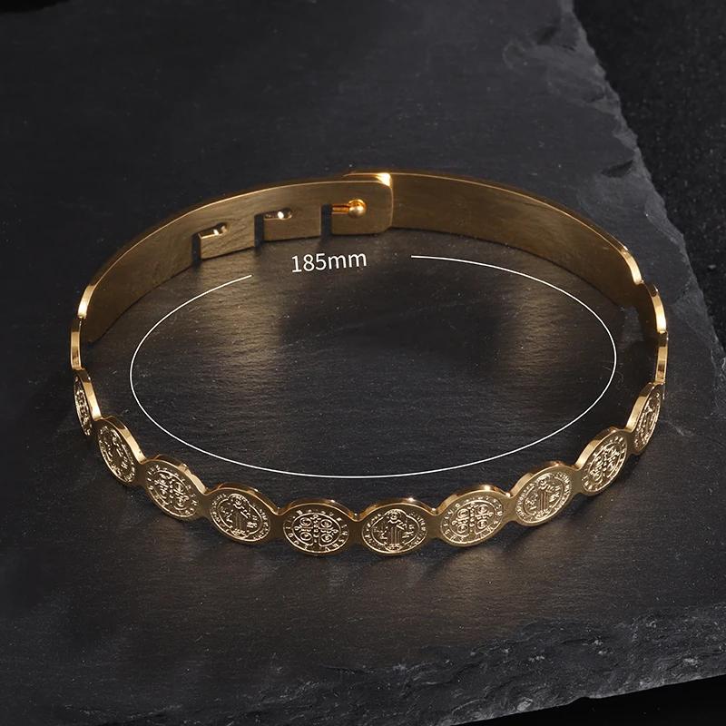 Stainless Steel Jesus Round Amulet Bracelet Catholic San Benito Cross Bracelet Religious Fashion Jewelry for Men and Women