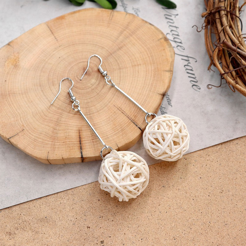 Boho Handmade Geometric Wooden Rattan Braid Drop Earrings for Women Ethnic Bohemia Statement Earring Jewelry