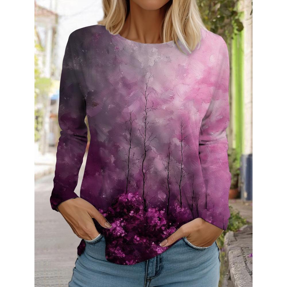 Women's Printed Color T-shirt Fashion Long-sleeved Round Neck Regular Tops Spring and Autumn Wear