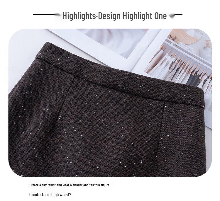 Sequined Mid-Length A-Line Skirt - 2025 Autumn/Winter Slit Hip-Hugging Style for Women