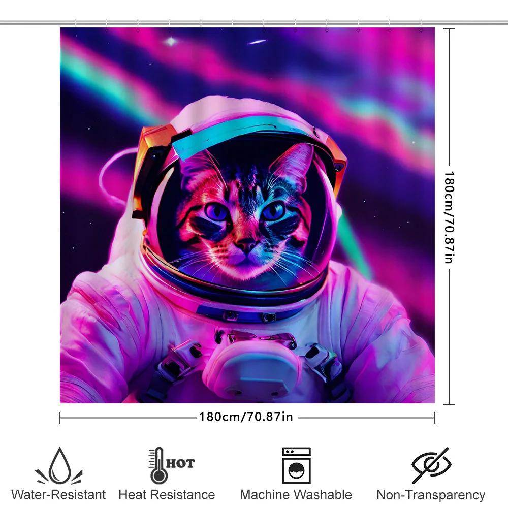 Space Explorer Cat Bath Mat Astronaut Shower Curtain Neon Purple Pink Blue Galaxy Space Decor For Bathroom Perfect Gift Ideas Fo