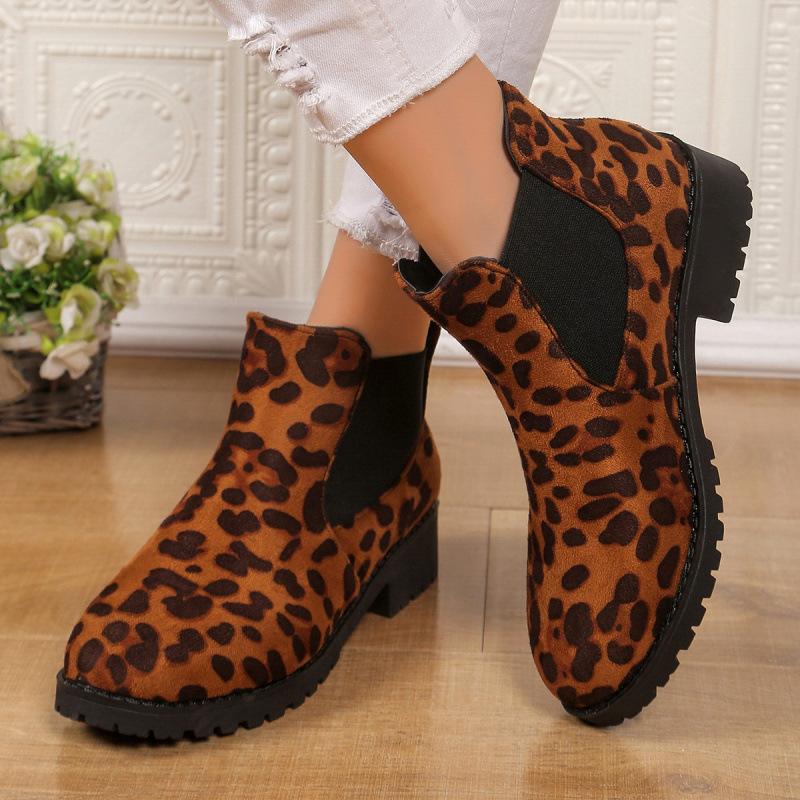 New European and American Round Head Leopard Print Winter Thick Heel Low Tube Waterproof Table Elastic Sleeve Martin Boots