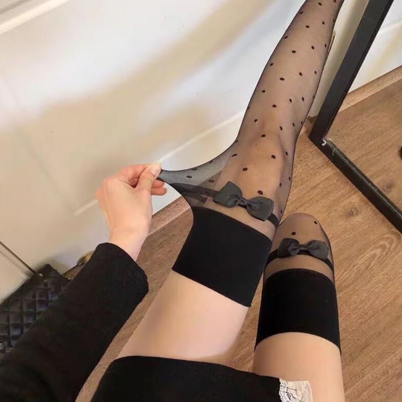 Women Bowknots Waves Point Thigh High Stockings Over the Knee Socks Sheer Silk Stockings Valentines Day Gifts