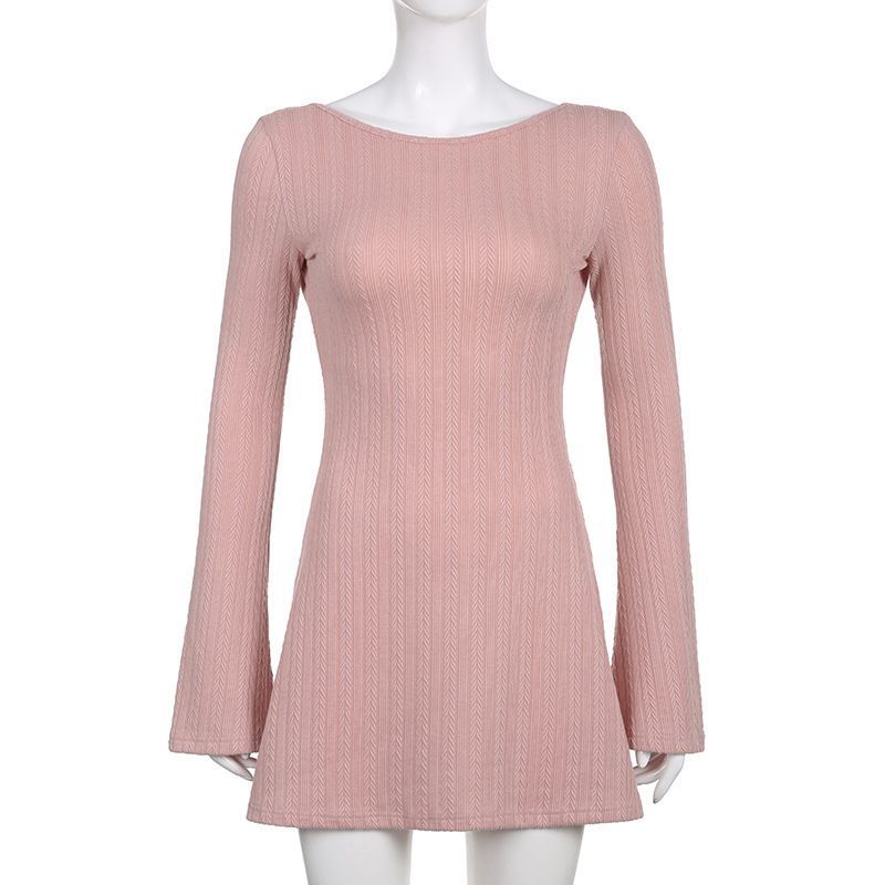 

Sexy Backless Slim Fit Long Sleeves Knitting Dress Short Skirt Sexy Knit Backles Mini Dress Pink S