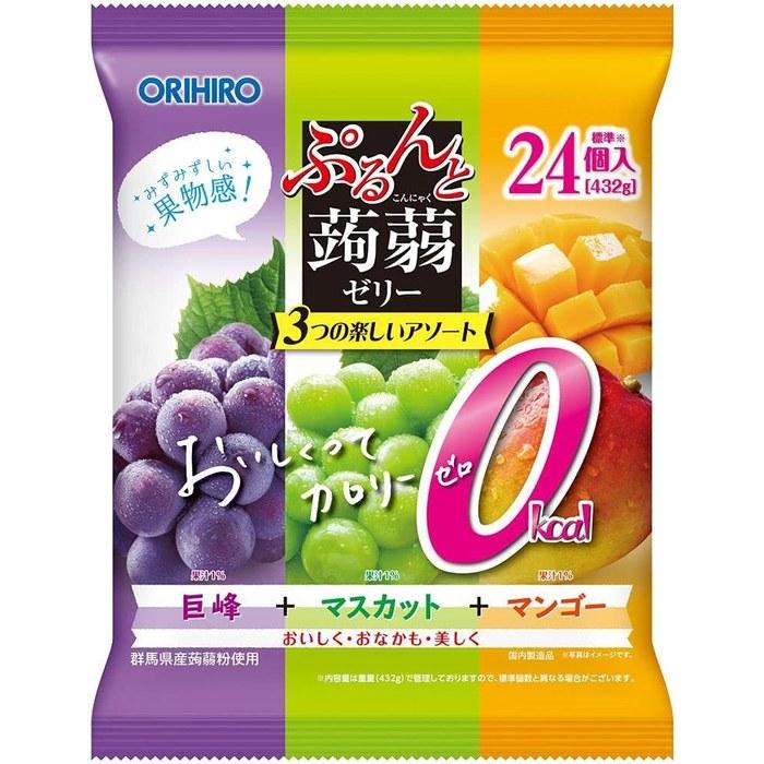 Orihiro Purunto Konjac Jelly Pouch Large Bag Zero Calorie Grape + Muscat + Mango 24 Count (Blue, Green, Orange)