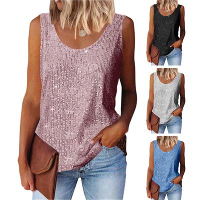 Tops para Mujer Cuello Redondo Sin Mangas Chaleco Brillante con Lentejuelas Estilo de Oficina Suave Elástico Holgado Blusa de Verano