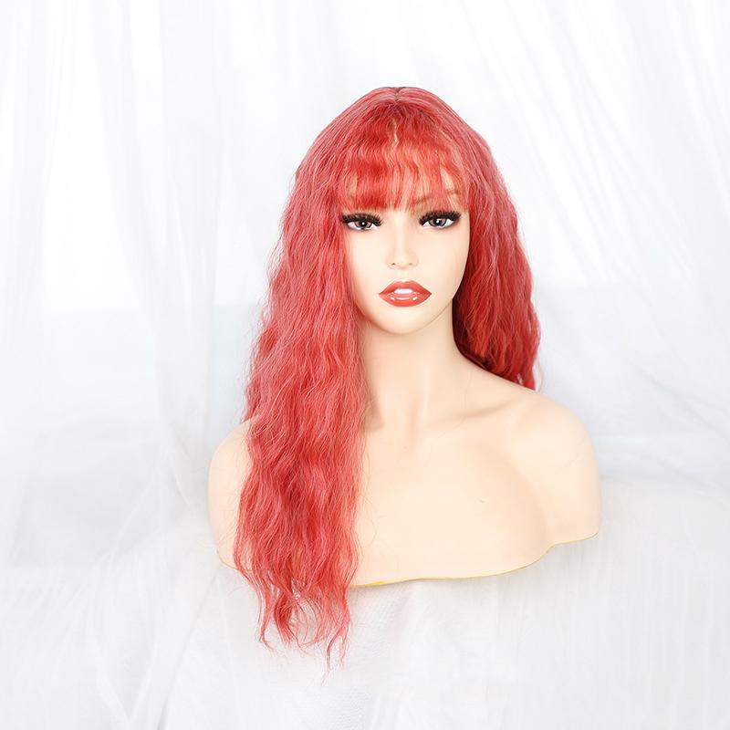 Bybrana Ladies Red Big Wavy Long Hair With Bangs Daily Wear Synthetic Hair