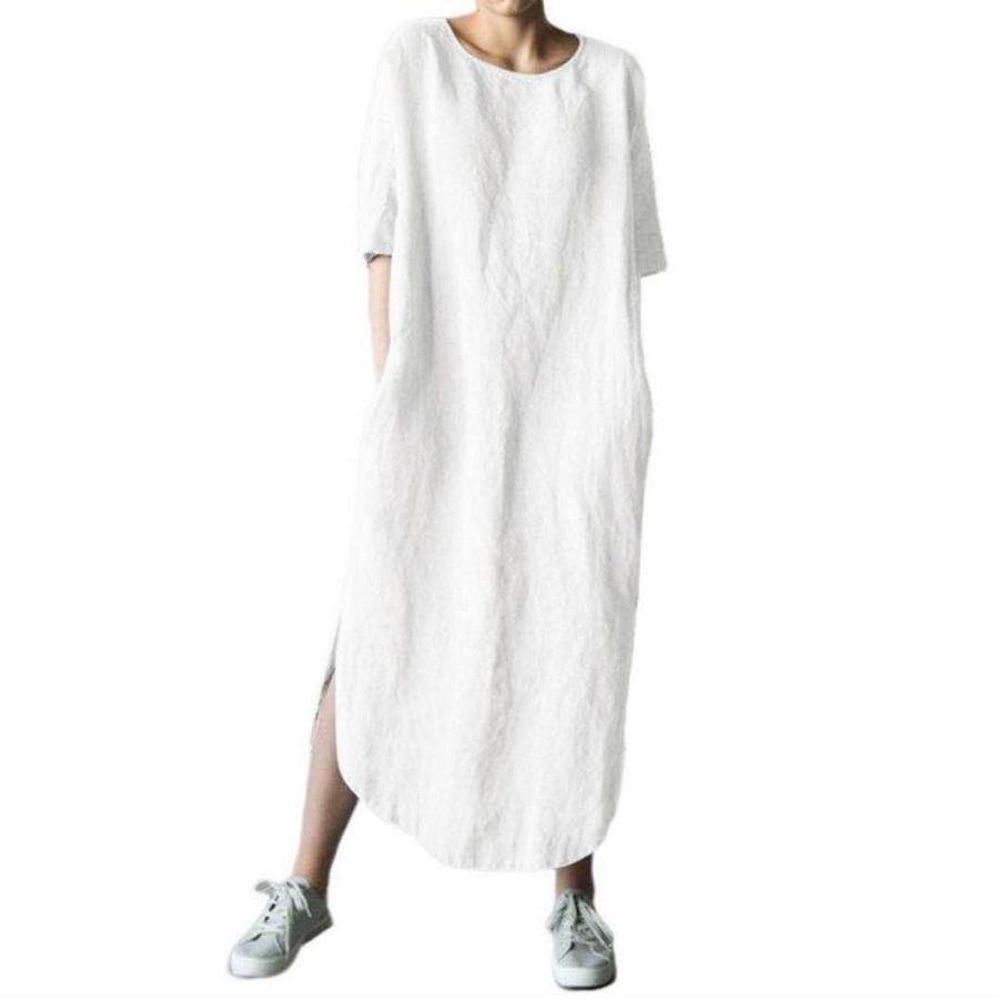 Large Quantity Crew Neck Short Sleeve Solid Side-Split Hem Knee-Length Cotton Linen Dress for Girls