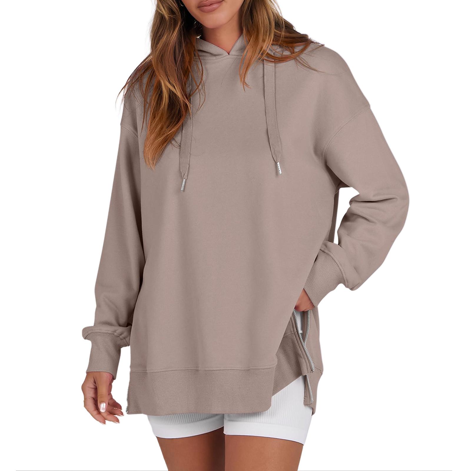 

Женские толстовки с капюшоном большого размера с боковой молнией, длинные флисовые толстовки, легкие туники, пуловеры, модные на осень S хаки