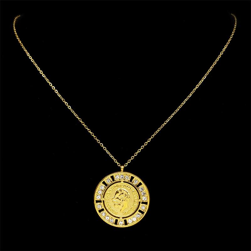 George VI British Coin Carve Head Crystal Double Circle Necklace for Women Men Stainless Steel Collar Gold Color Wedding Jewelry