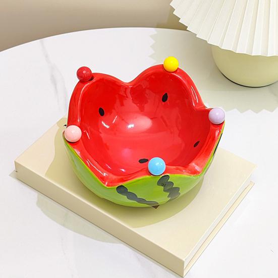 1 Set Watermelon Shape Fruit Bowl with Forks Cute Ceramic Dessert Fruit Serving Dish for Home Kitchen Dishwasher Safe Snack Bowl