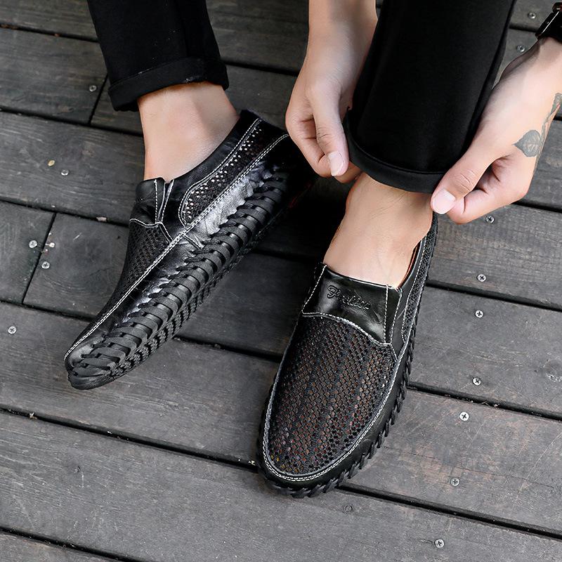 Men's Breathable Mesh Summer Sandals - Size 50, Soft Sole Slip-on Leather Shoes for Dad