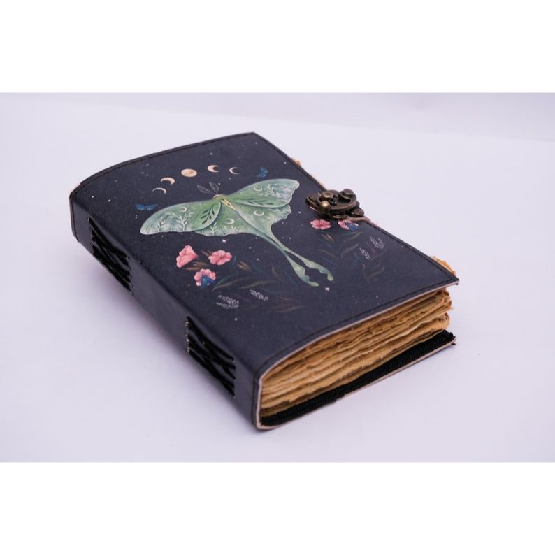 Blank Spell Book of Shadows Journal with Lock Clasp | Vintage Handmade Leather Luna Moth Butterfly Diary | Pagan Witchcraft Wiccan Notebook