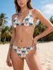 Rice Bottom Coconut Tree Print Neck Triangle Bikini Women's Side Straps Adjustable Sexy Split Swimsuit Vacation