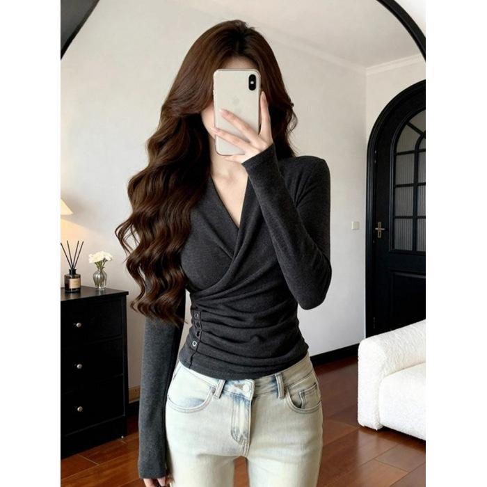 Threaded Plush V-Neck Crossover Pleated Long Sleeve Slim Fit Women s Top - Dark Grey Puff Sleeves Medium темно серый