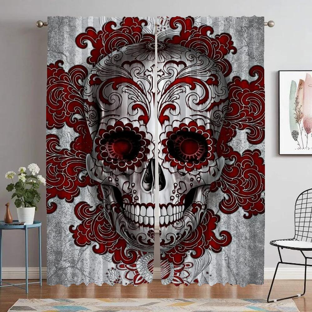 Mexico Flower Skull Anti-mosquito Curtains for Living Room Blackout Curtain for Room 2 Panel Halloween Decoration Partition Home