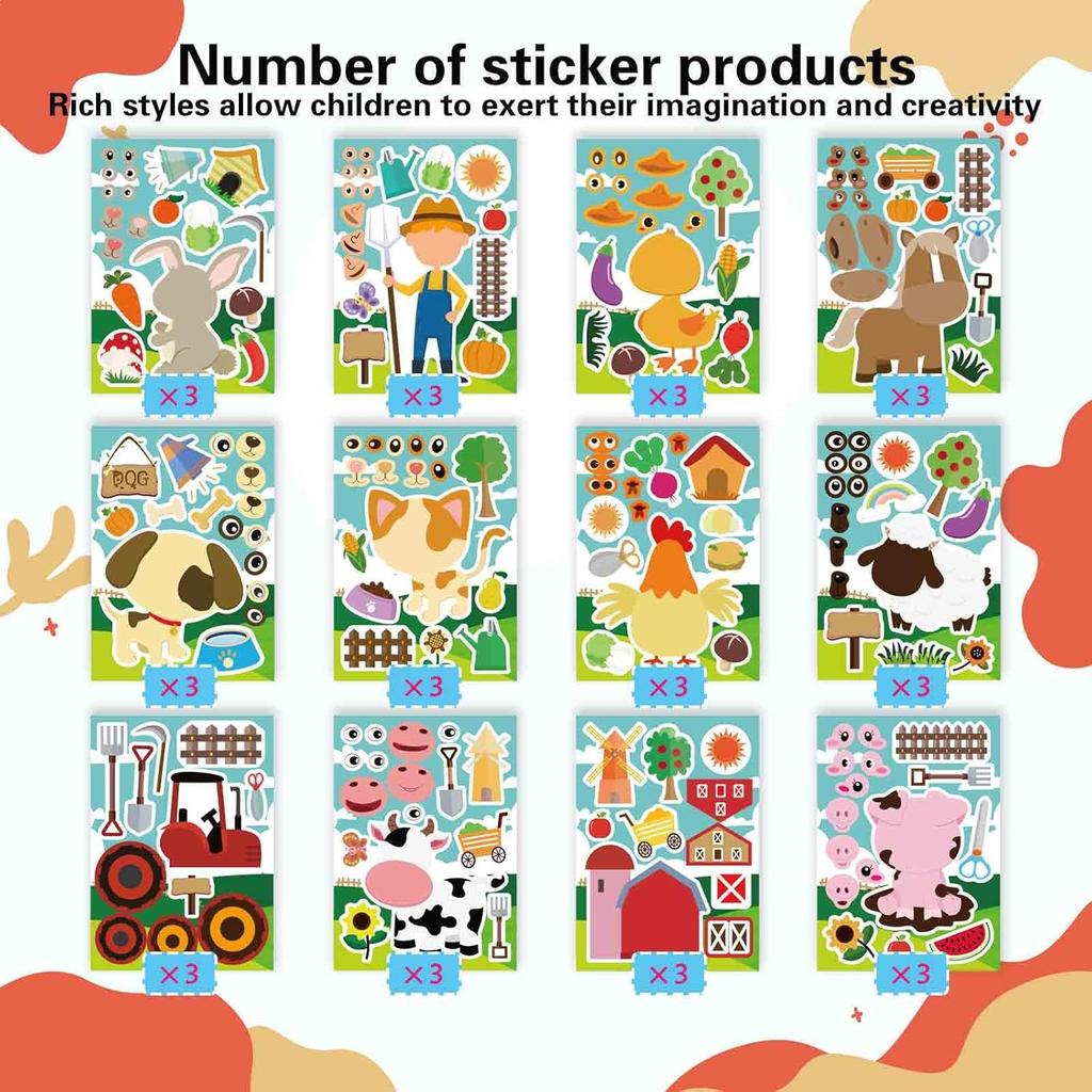 36 PCS Farm Animal Stickers Sheets, Make-a-face Sticker, Make Your Own Stickers for Kids Farm Themed Party Favors Supplies Craft Birthday Gift for
