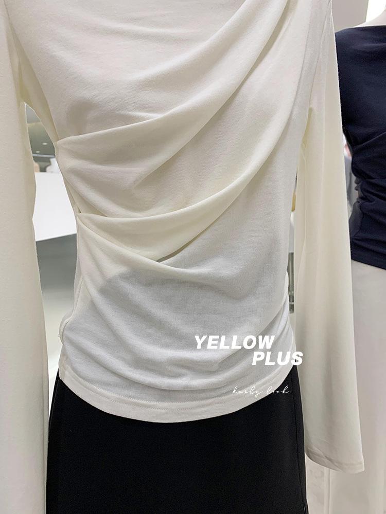 New 2024 Off-Shoulder Ruched Long-Sleeve T-Shirt, Rayon 1x1, 260g, High-End.