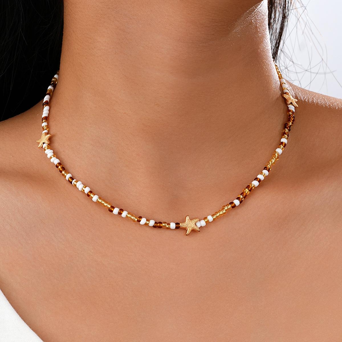 

New Women‘s Colorful Starfish Rice Beads Necklace Cute Bohemian Handmade Gold Color Choker Necklaces Trendy Summer Party Jewelry