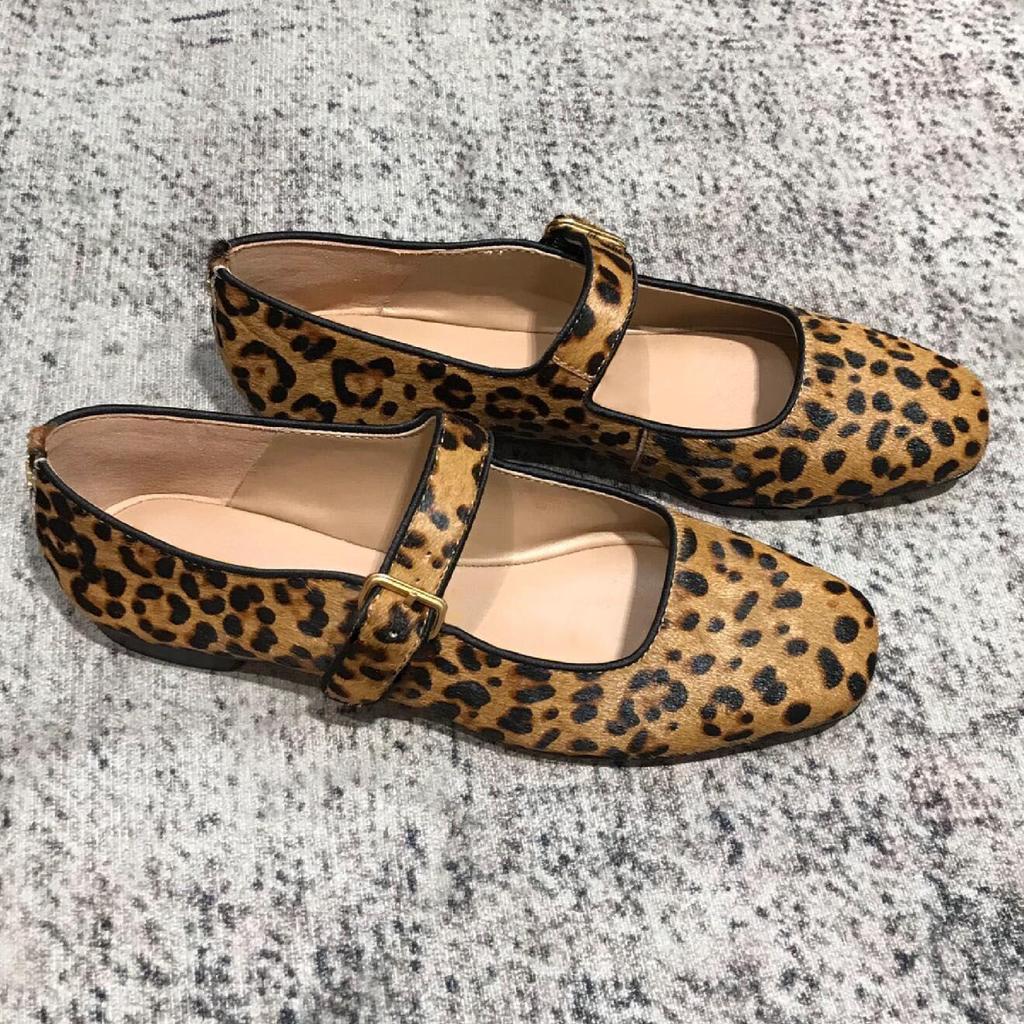 Sheepskin version~ French leopard print leather flats Mary Jane women's shoes one-word buckle strap square head soft sole single shoes ladyshoes