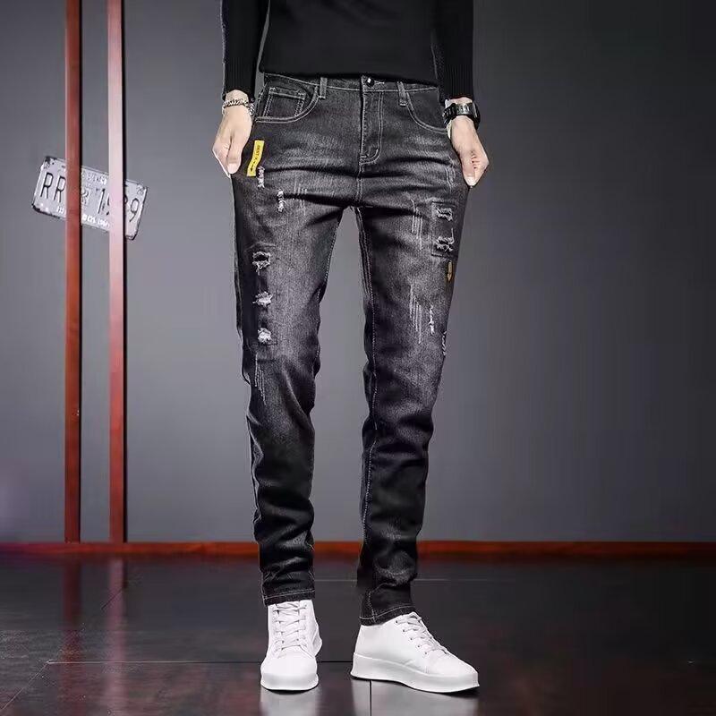 Elastic ripped jeans men's summer thin new slim-fitting small feet trendy brand casual men's long pants
