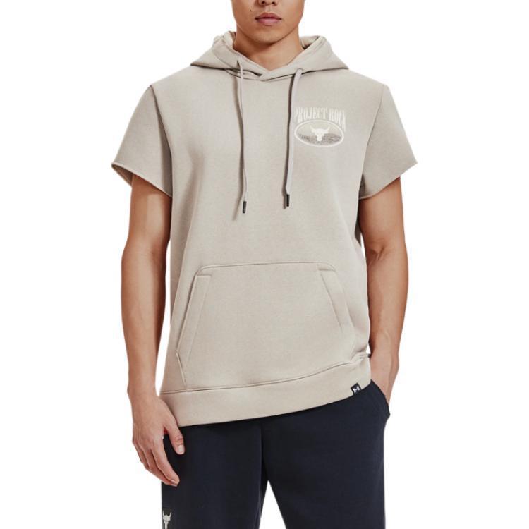 Under Armour Project Rock Písmena Zvířecí Potisk Fleecový Design Mikina s Kapucí Krátký Rukáv Tričko Pánská Vrchní Oblečení Buffalo Khaki 1383209-203