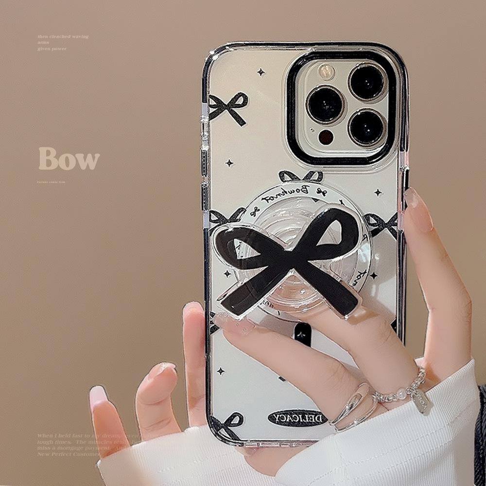 Black Bow Magnetic Suction Case 15Promax Transparent IPhone Case 14 Suitable for 13 Advanced 12 Bracket 16