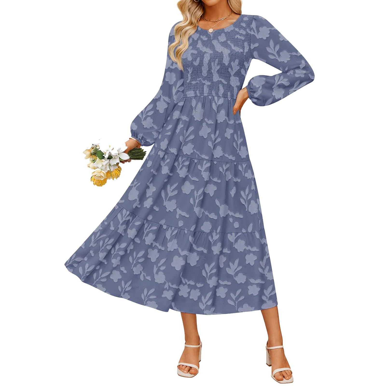 

Женское модное повседневное платье с круглым вырезом, длинными рукавами и однотонной расцветкой S синий