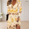 Women Plus Size V Neck Long Sleeve Blue Printed Curved Hem Dress