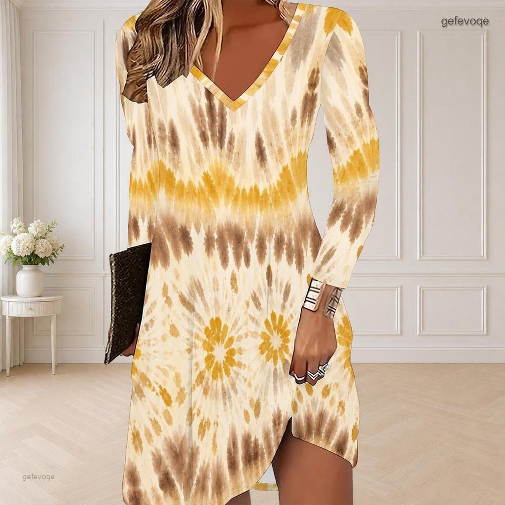 Women Plus Size V Neck Long Sleeve Blue Printed Curved Hem Dress