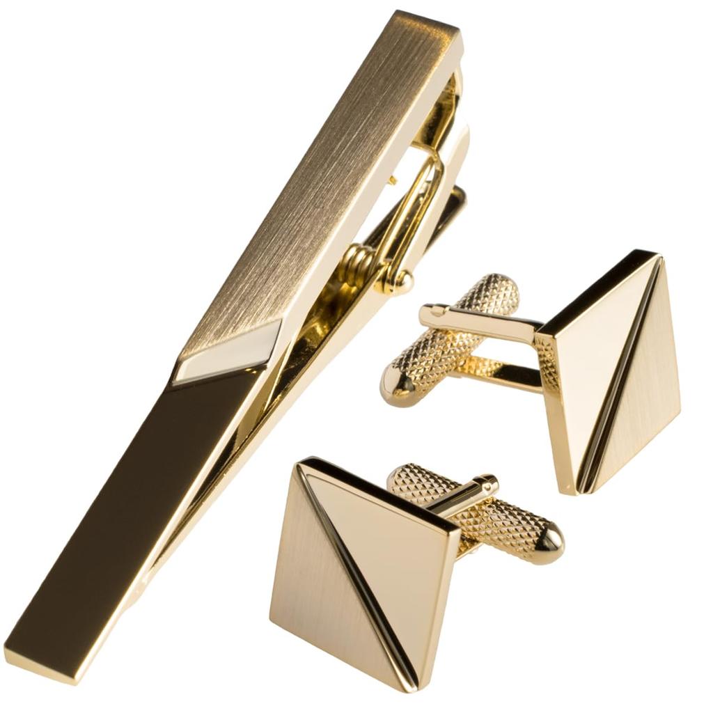 Tabarat Tie Clip and Cufflink Made in Geometric Light Gold Men's Set, Japan, Brass, Design,