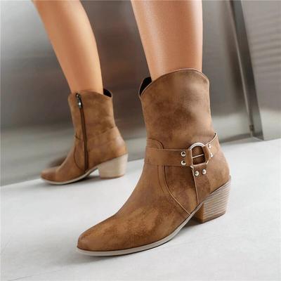 Bota corta hasta el tobillo para mujer, punta redonda, tacón medio grueso con cremallera, decoración de Metal, bota de vaquero occidental, zapatos de moda para mujer, invierno 46