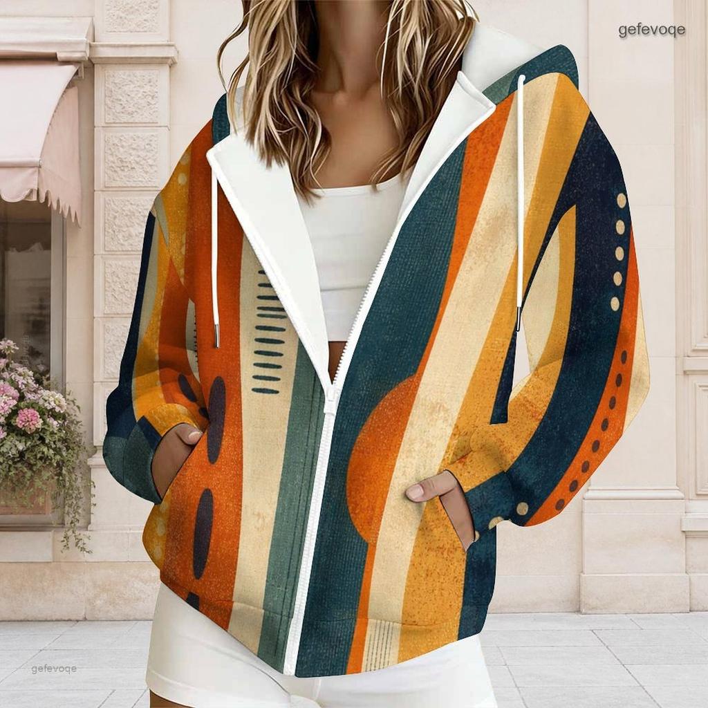 Women Plus Size Geometric Printed Zip Up Hoodie Long Sleeve Drawstring Hood With Pockets