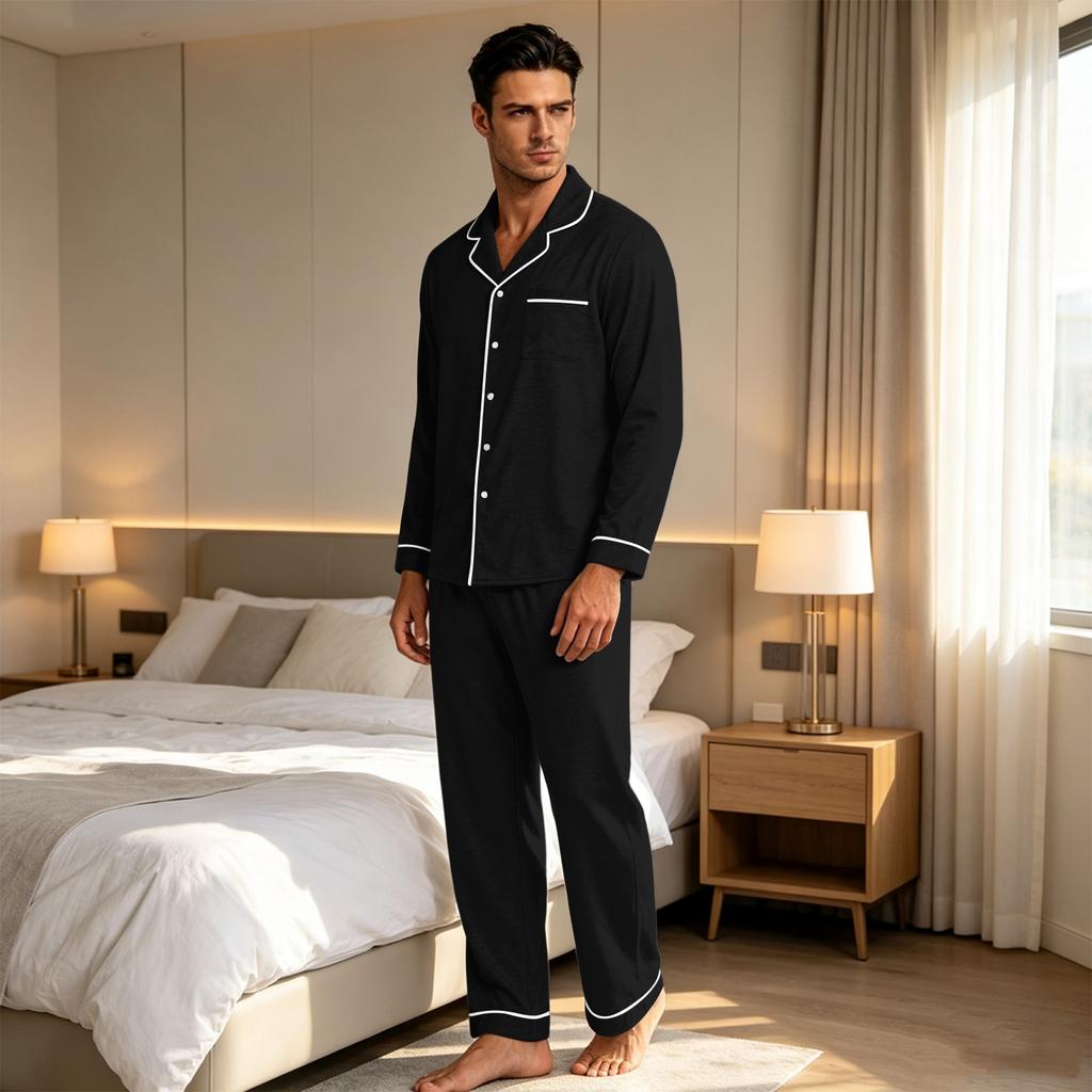 Herren Casual Farb-Pyjama-Set mit durchgeknöpftem Hemd und gerader Hose - Zweiteilige bequeme Nachtwäsche
