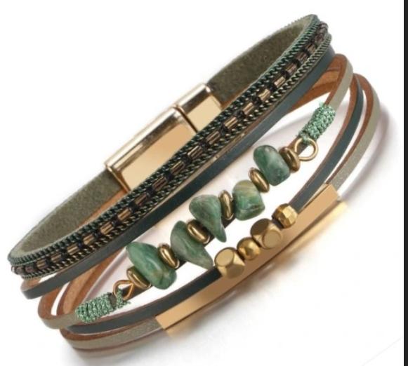 Braccialetto in pelle da donna con pietra di giada verde