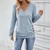 Women Tops V-Neck Long Sleeve Side Buttons Decor Casual Pullover Tops Solid Color Spring Autumn Blouse